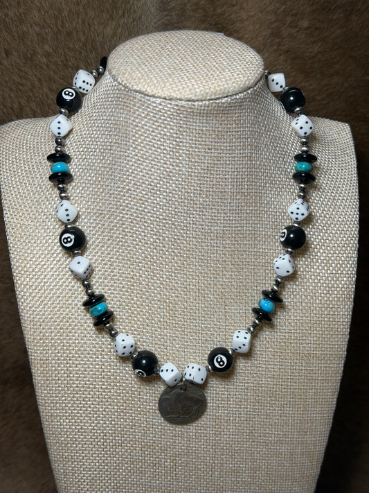 16-17.5" Pearl, Black Onyx, Dice, Buffalo Coin Charm