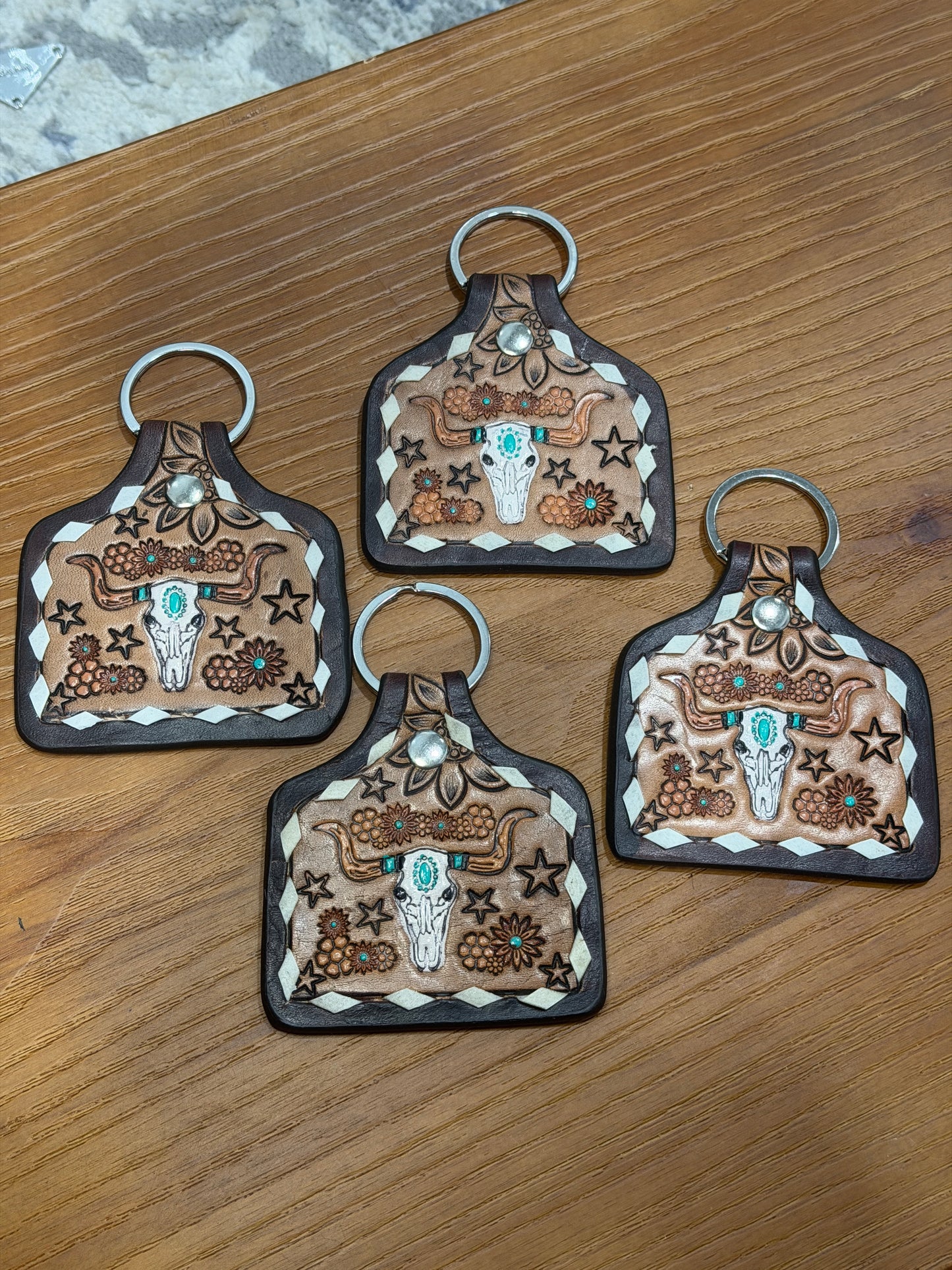 Genuine Tooled Leather Longhorn Keychain