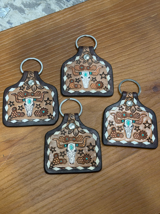 Genuine Tooled Leather Longhorn Keychain