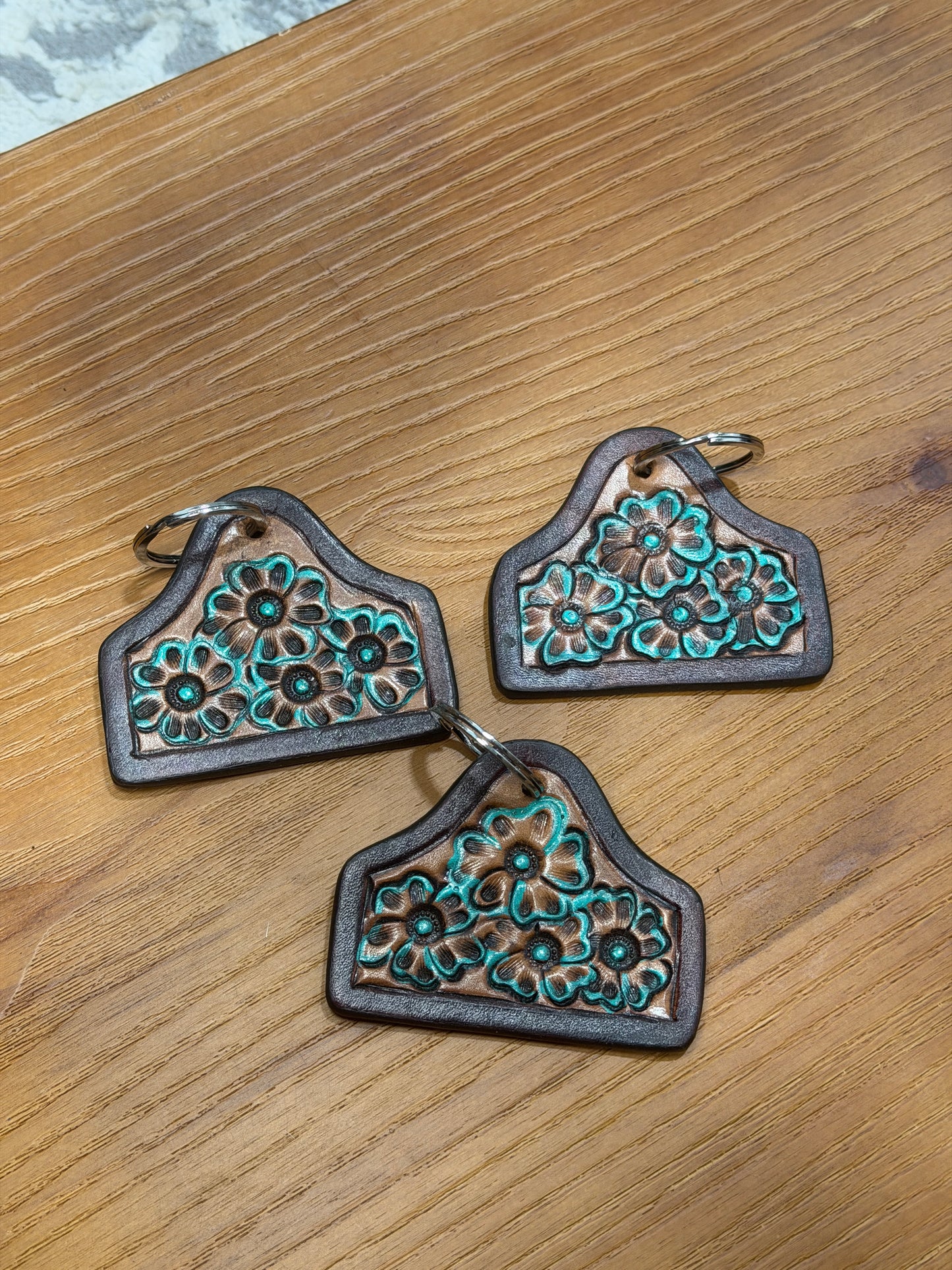 Genuine Leather Turquoise Tooled Keychain