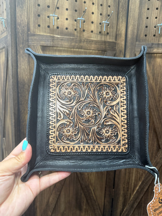 Black Leather, Brown Tooled tray