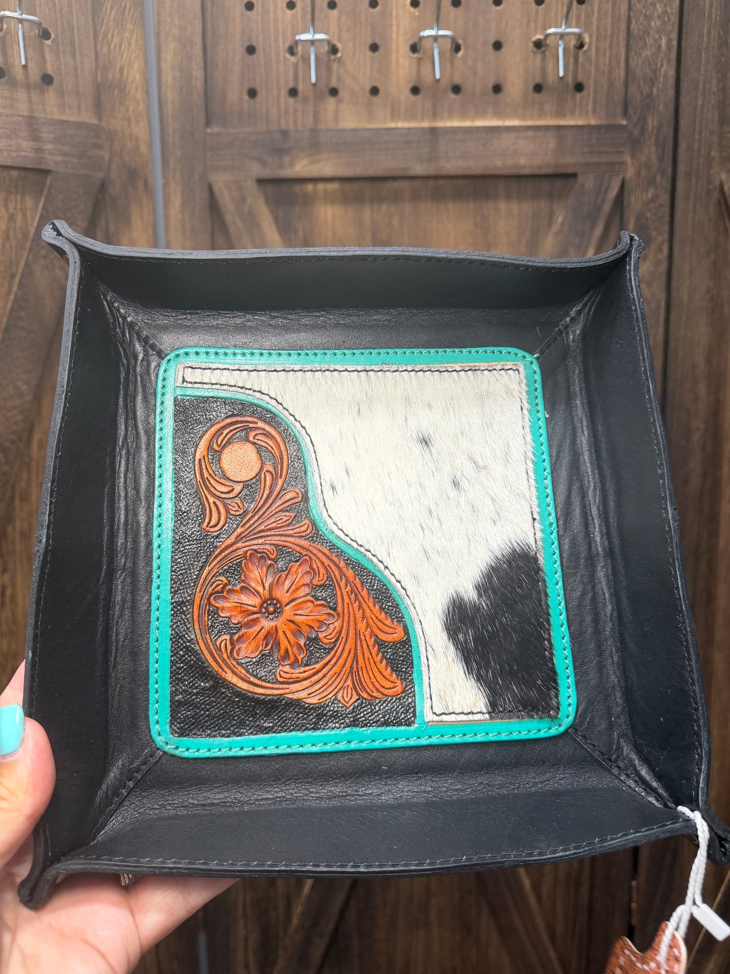 Black Leather Tooled Cowhide Tray