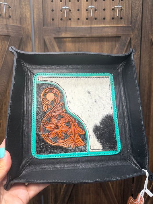 Black Leather Tooled Cowhide Tray
