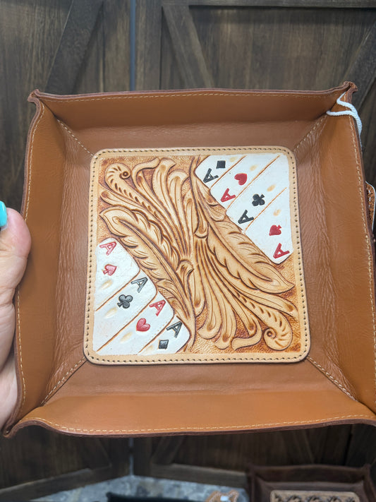 Tan Leather Tooled with Playing Card Tray