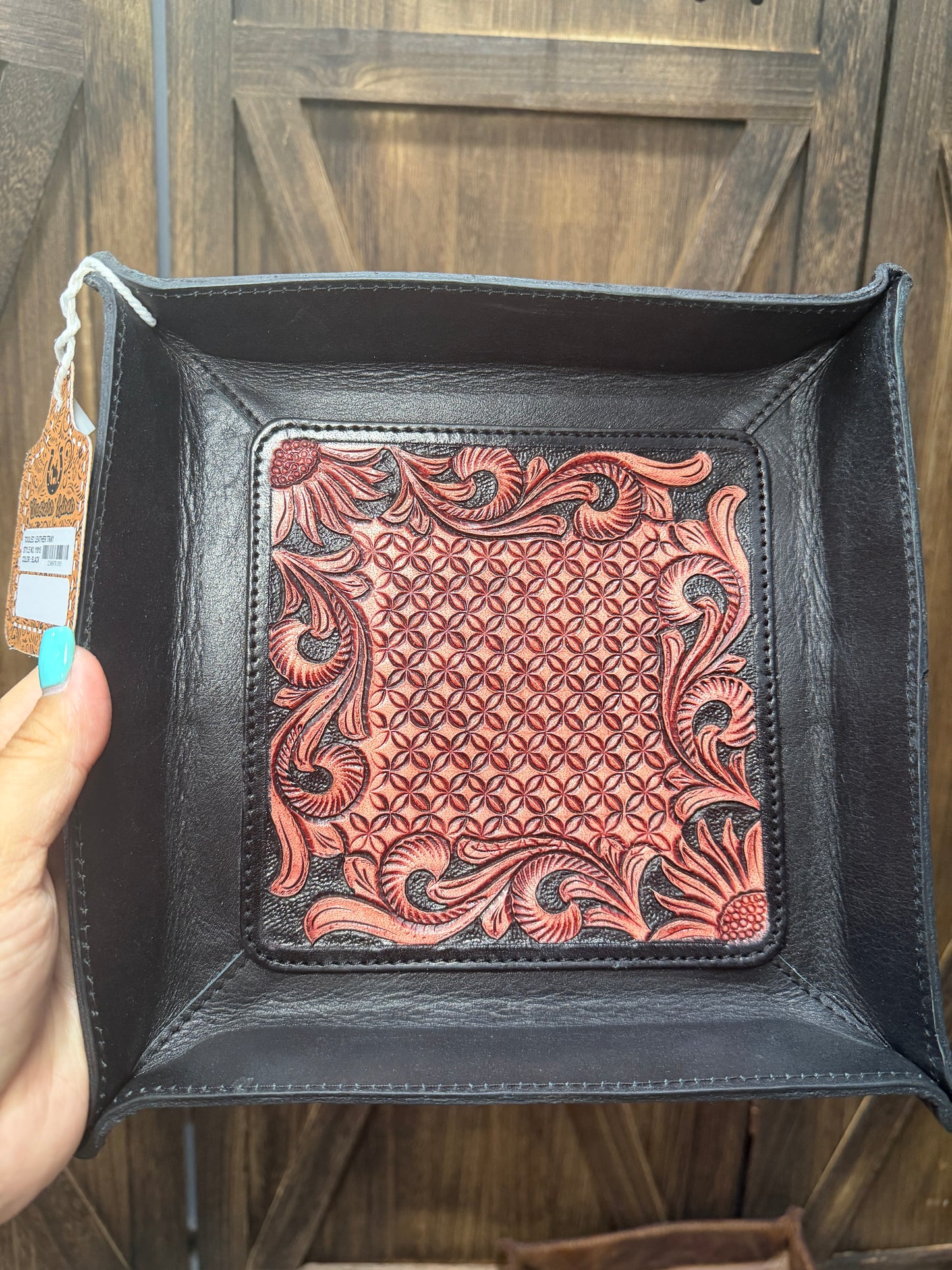 Black Leather, Reddish Tooled Tray