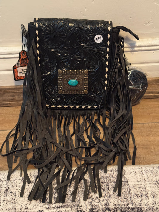 Black Tooled Fringe Crossbody Purse