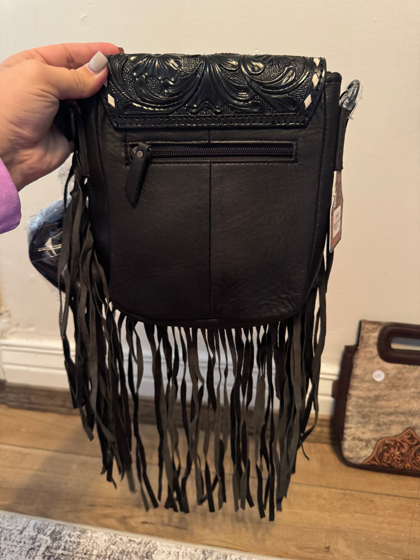 Black Tooled Fringe Crossbody Purse