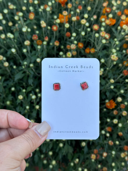 Red Spiny Square Studs