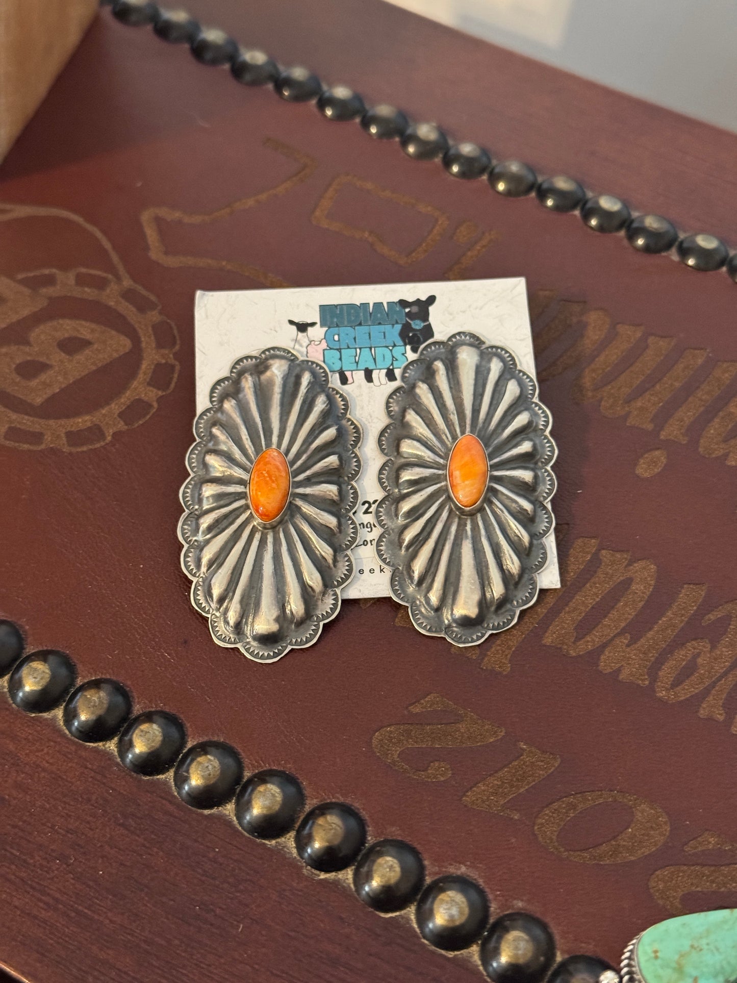 Orange Spiny Conchos Earrings