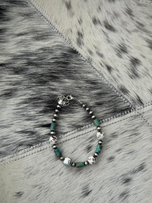 7-8.5” 5mm Sterling Silver Pearl, Turquoise and Floral China Bracelet