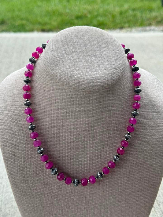 17.5-19” 3mm Sterling Pearl, 8mm Corrugated Saucer and Faceted Ruby Quartz Necklace